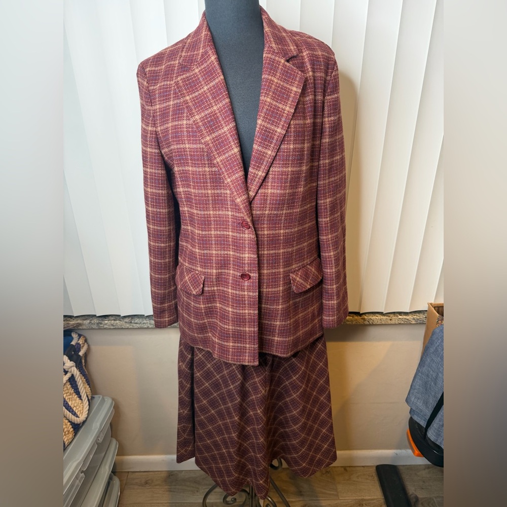 Vintage Haberdashery Tweed Wine Plaid Line Jacket Woman Size 16 & Skirt Size 18